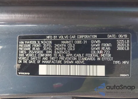 2020 Volvo Xc60 T5 Inscription from USA, damaged, VIN YV4102DL3L1424336